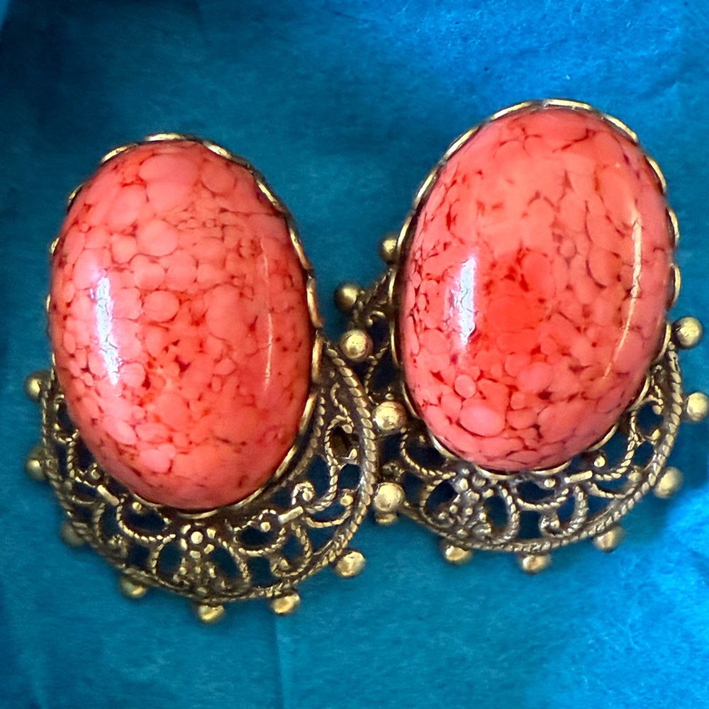 Vintage Coral Earrings with Gold Filigree
